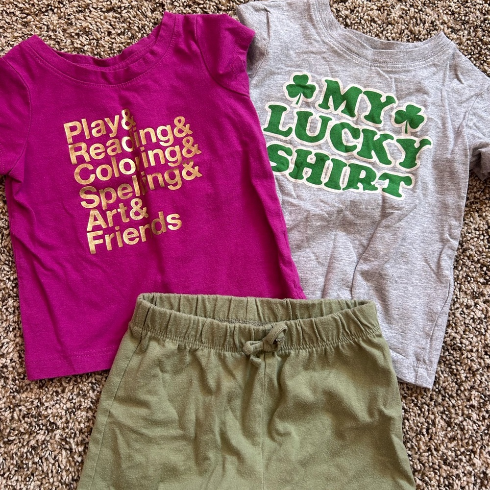 Kids Matching Set - Purple and Green Graphic Tees with Olive Shorts
